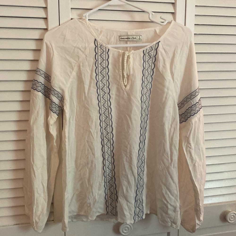 Abercrombie & Fitch Cream Peasant Tunic with Blue Embroidery